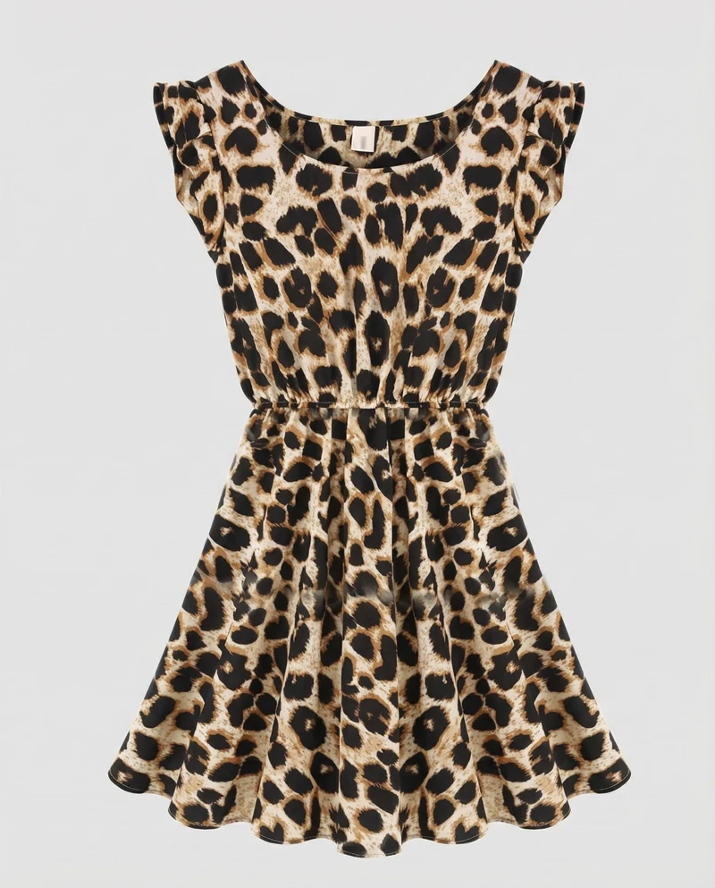 Damen Swingkleid Kurz Leopardenmuster Elastikbund