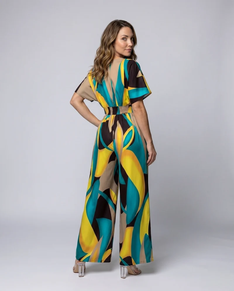 Damen Jumpsuit mit V-Ausschnitt und weiten Beinen