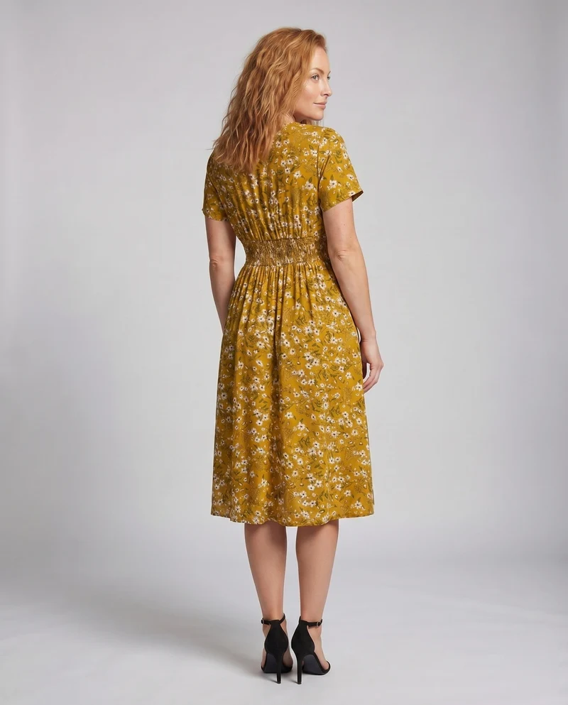 Damen Midikleid V-Ausschnitt Taillenriegel A-Linie