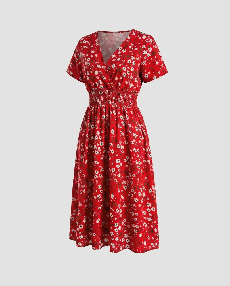 Damen Midikleid V-Ausschnitt Taillenriegel A-Linie