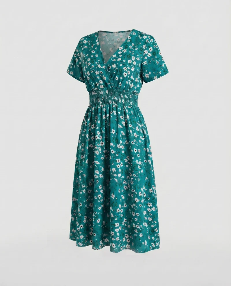 Damen Midikleid V-Ausschnitt Taillenriegel A-Linie