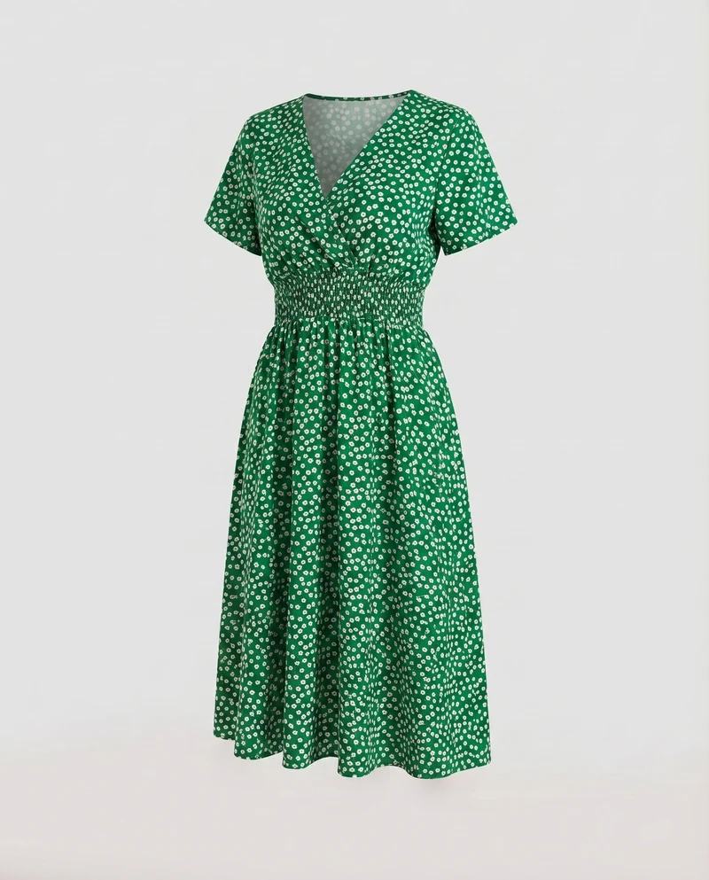 Damen Midikleid V-Ausschnitt Taillenriegel A-Linie