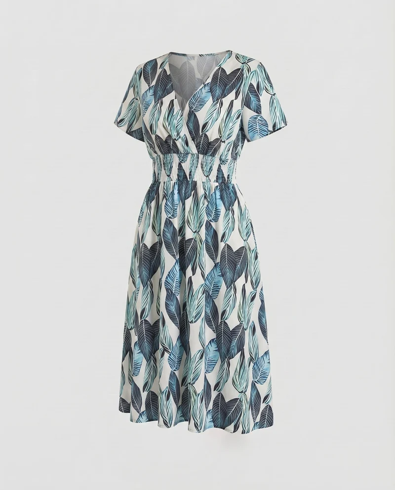 Damen Midikleid V-Ausschnitt Taillenriegel A-Linie