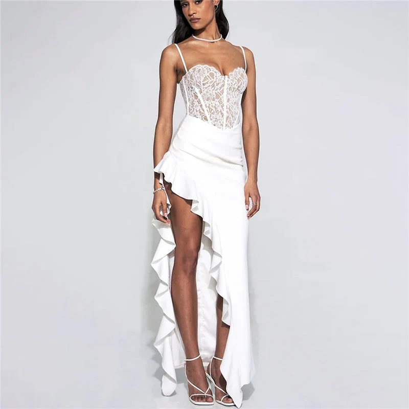 Damen Brautkleid mit Spitzenoberteil und asymmetrischen Rüschen