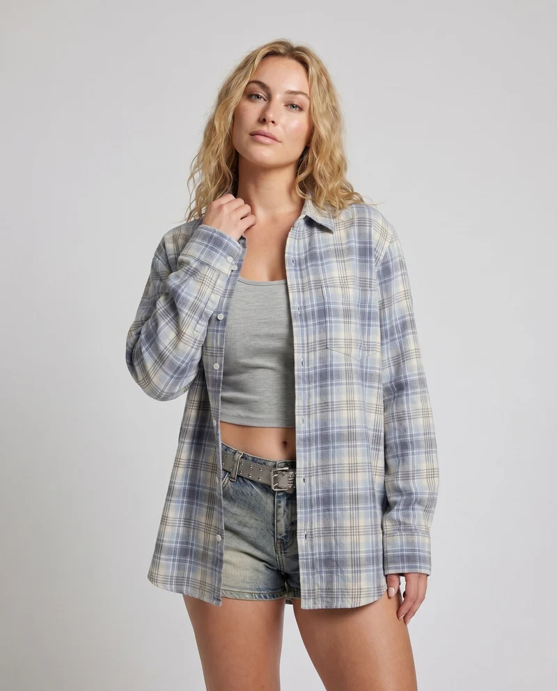 Damen nan lässige Layering-Karohemdbluse mit verlängertem Rückensaum und Brusttasche