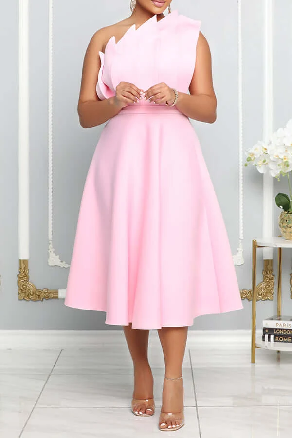 One Shoulder Midi Kleid Elegante A-Linie Passform Skulpturierte Details Festliche Kleidung