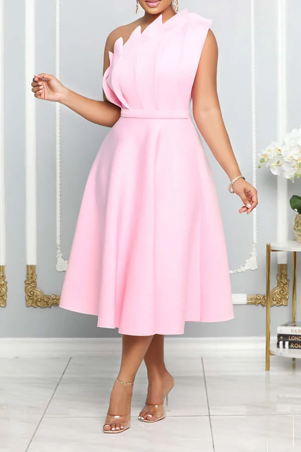 One Shoulder Midi Kleid Elegante A-Linie Passform Skulpturierte Details Festliche Kleidung