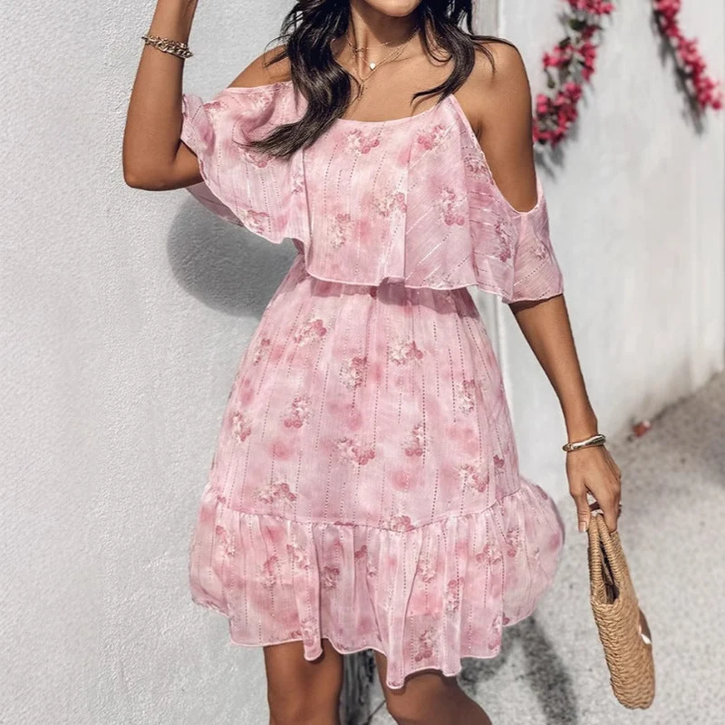 Damen fließendes Sommerkleid mit kaltem Schulterdesign und Rüschendetails