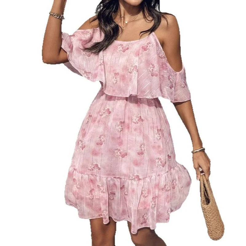 Damen fließendes Sommerkleid mit kaltem Schulterdesign und Rüschendetails