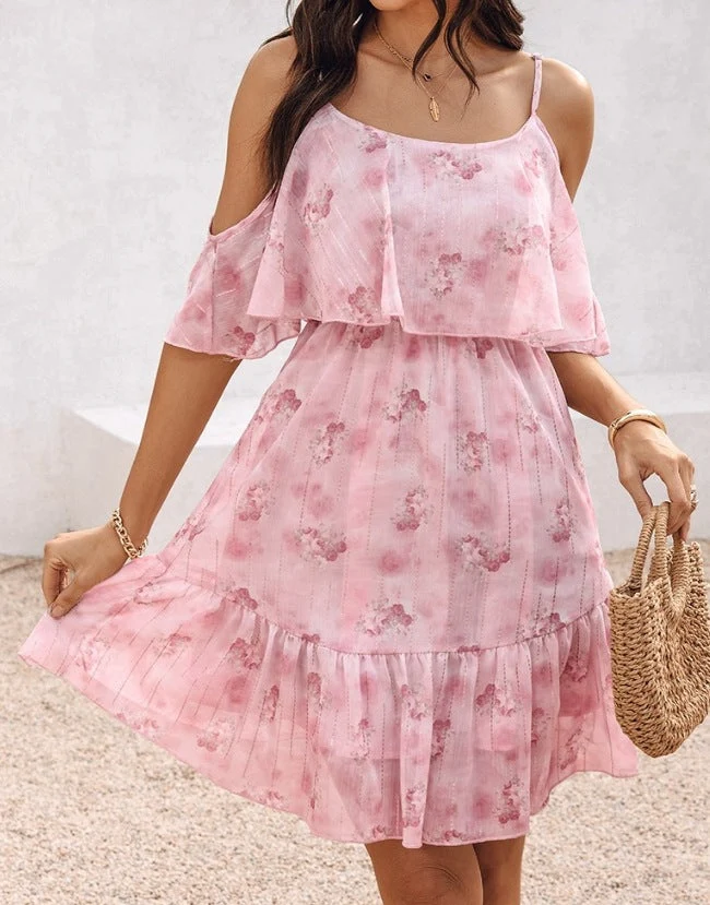 Damen fließendes Sommerkleid mit kaltem Schulterdesign und Rüschendetails