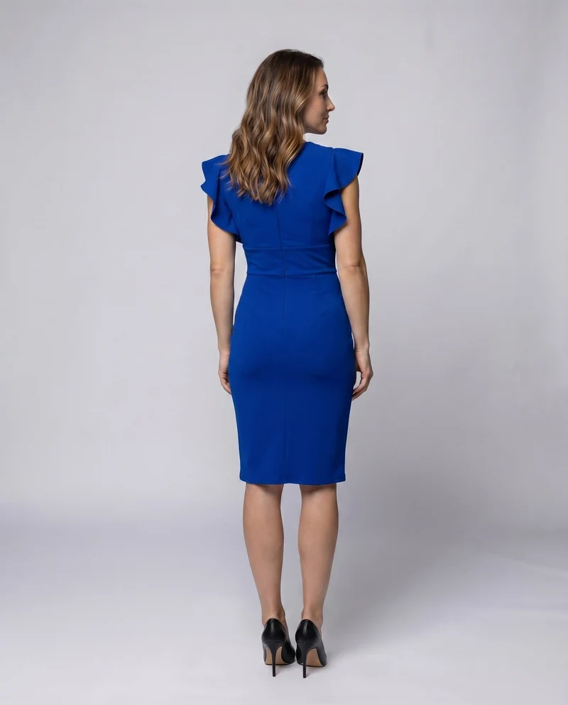 Damen Wickel-Midikleid V-Ausschnitt Volantärmel Rüschen