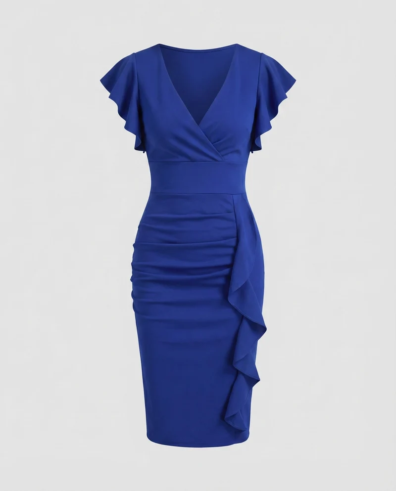 Damen Wickel-Midikleid V-Ausschnitt Volantärmel Rüschen