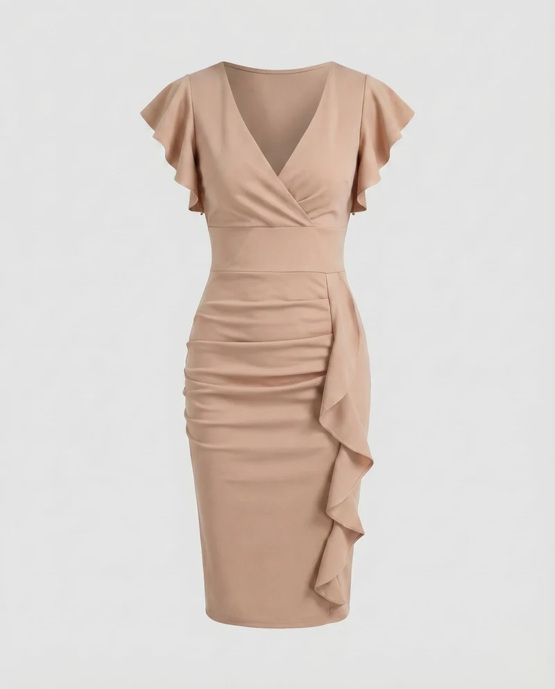 Damen Wickel-Midikleid V-Ausschnitt Volantärmel Rüschen