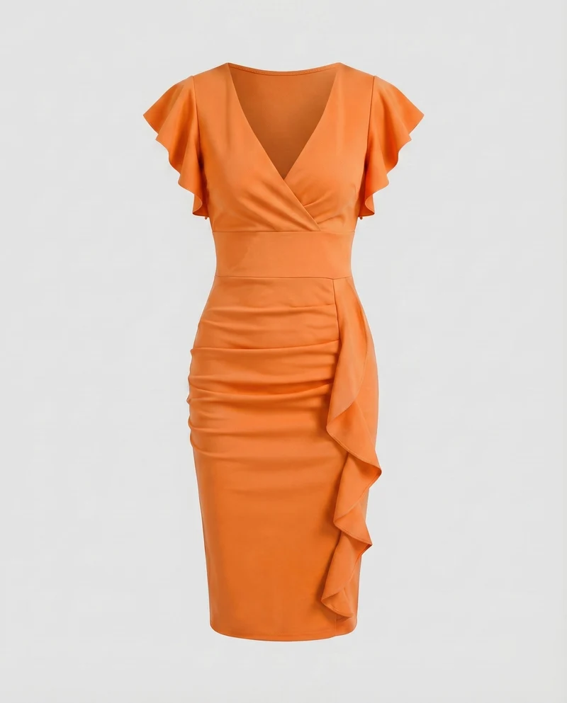 Damen Wickel-Midikleid V-Ausschnitt Volantärmel Rüschen