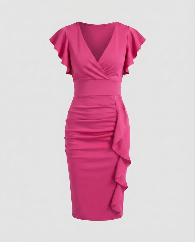 Damen Wickel-Midikleid V-Ausschnitt Volantärmel Rüschen