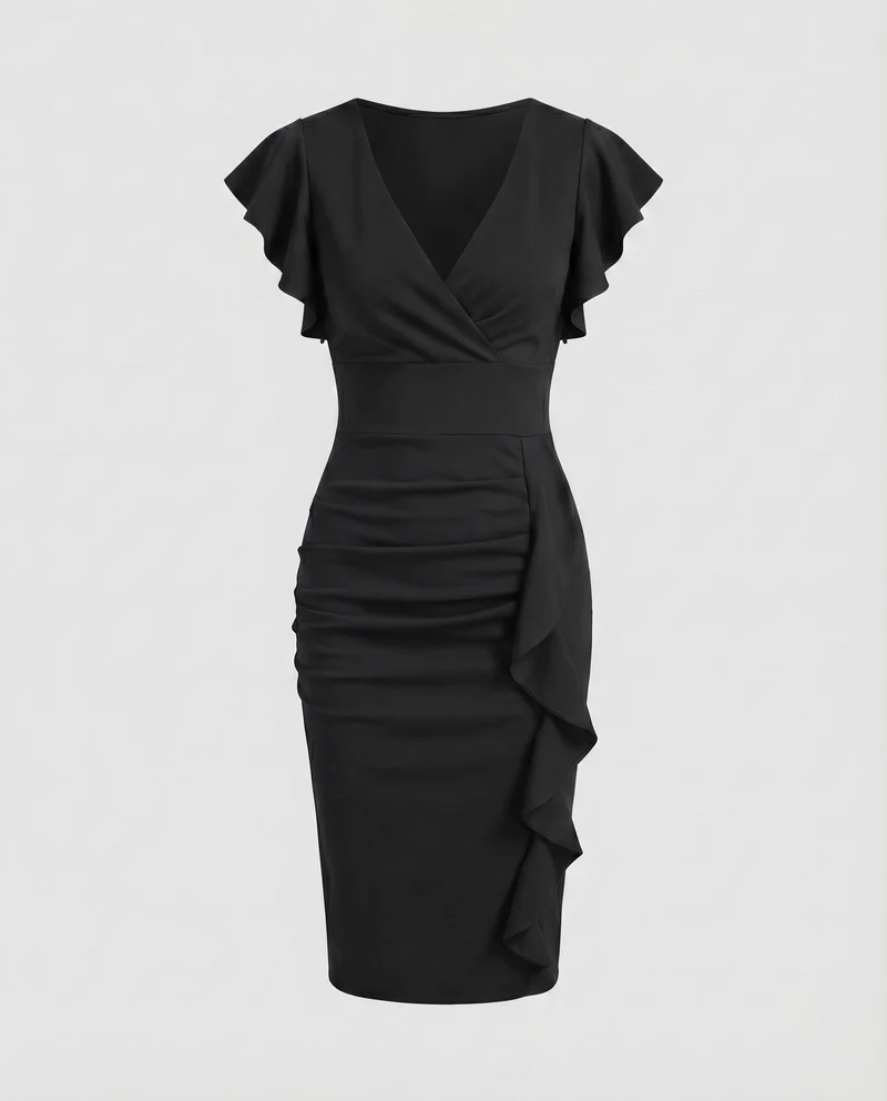 Damen Wickel-Midikleid V-Ausschnitt Volantärmel Rüschen