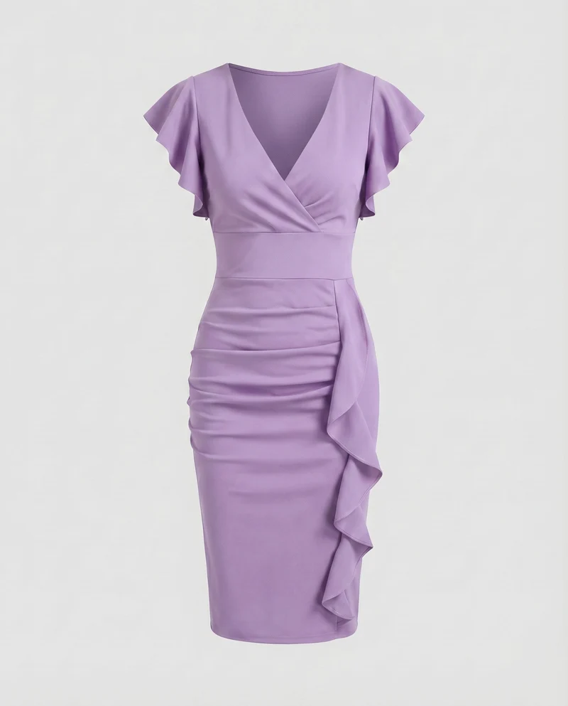 Damen Wickel-Midikleid V-Ausschnitt Volantärmel Rüschen