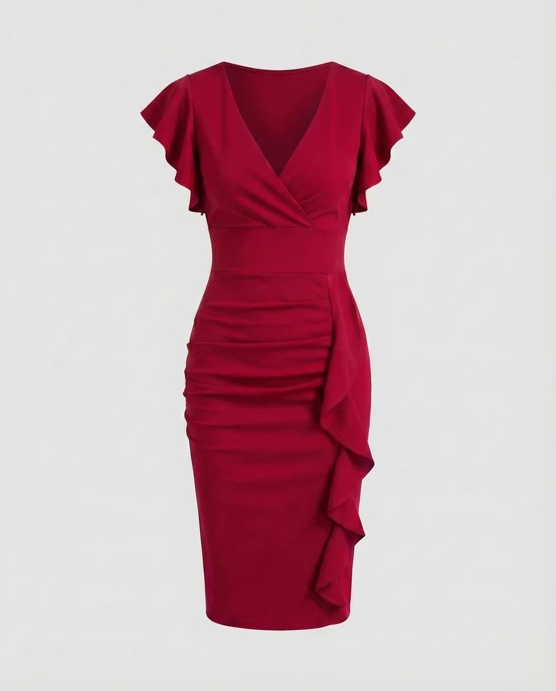 Damen Wickel-Midikleid V-Ausschnitt Volantärmel Rüschen