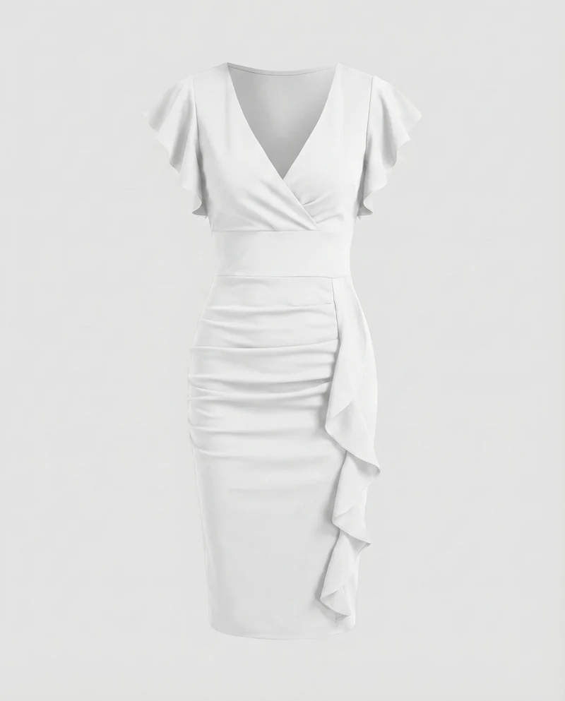 Damen Wickel-Midikleid V-Ausschnitt Volantärmel Rüschen