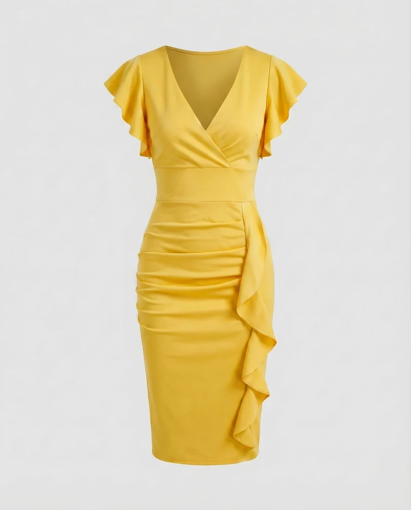 Damen Wickel-Midikleid V-Ausschnitt Volantärmel Rüschen