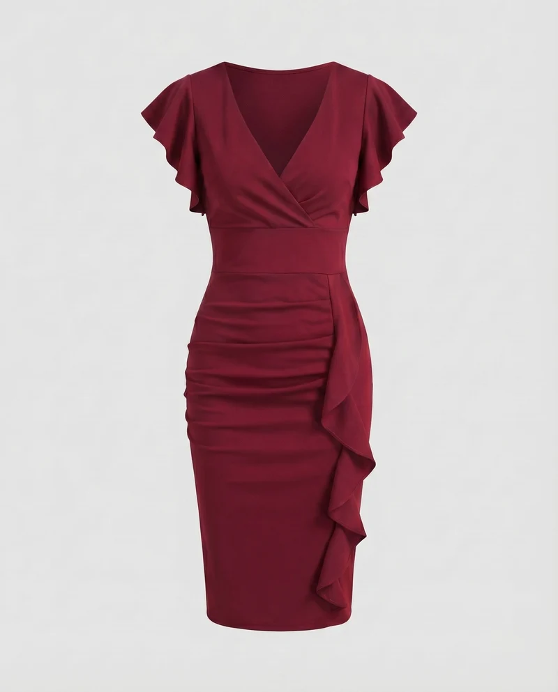 Damen Wickel-Midikleid V-Ausschnitt Volantärmel Rüschen