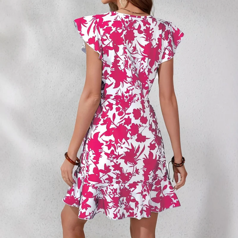 Damen Festliches A-Linien Kleid mit Rüschendetails und floralem Muster Nord Taschen
