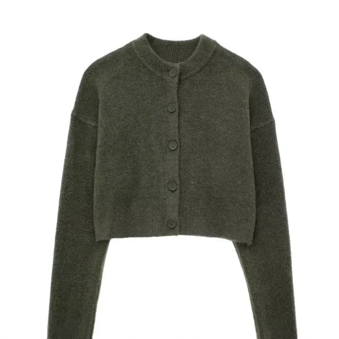 Damen Kurze Strickjacke mit Knopfleiste und Elegantem Rundhalsausschnitt Nord Taschen