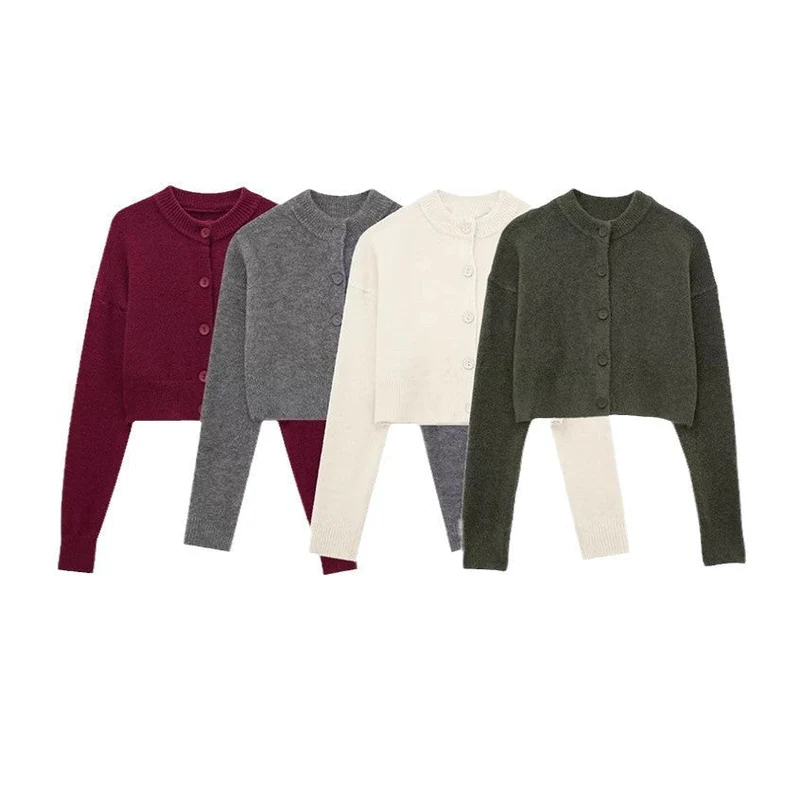 Damen Kurze Strickjacke mit Knopfleiste und Elegantem Rundhalsausschnitt Nord Taschen