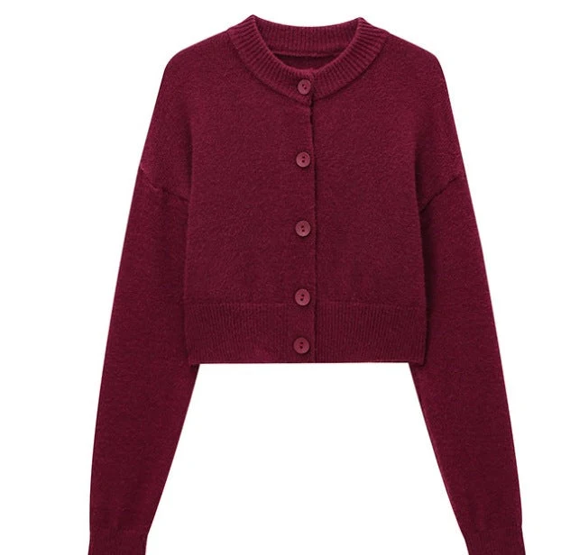 Damen Kurze Strickjacke mit Knopfleiste und Elegantem Rundhalsausschnitt Nord Taschen