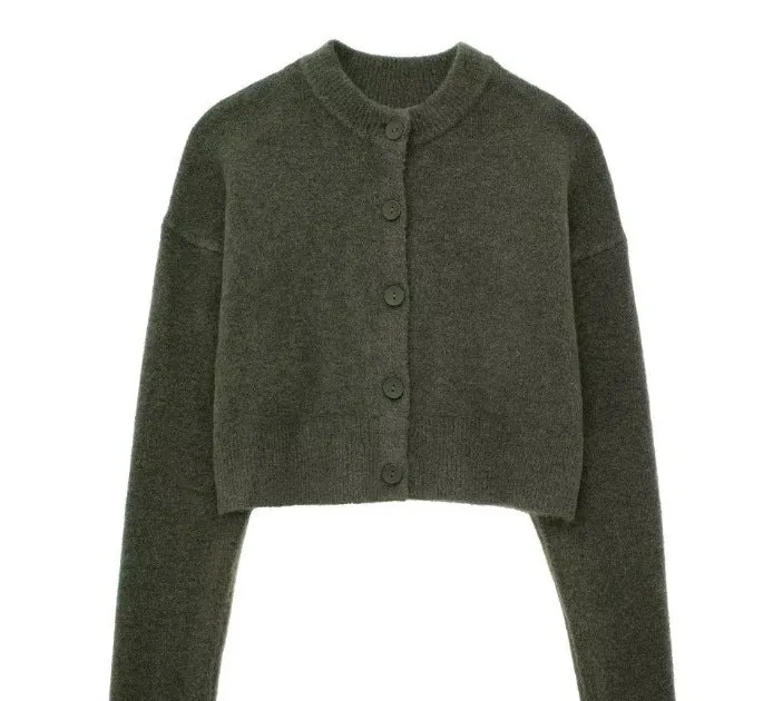 Damen Kurze Strickjacke mit Knopfleiste und Elegantem Rundhalsausschnitt Nord Taschen
