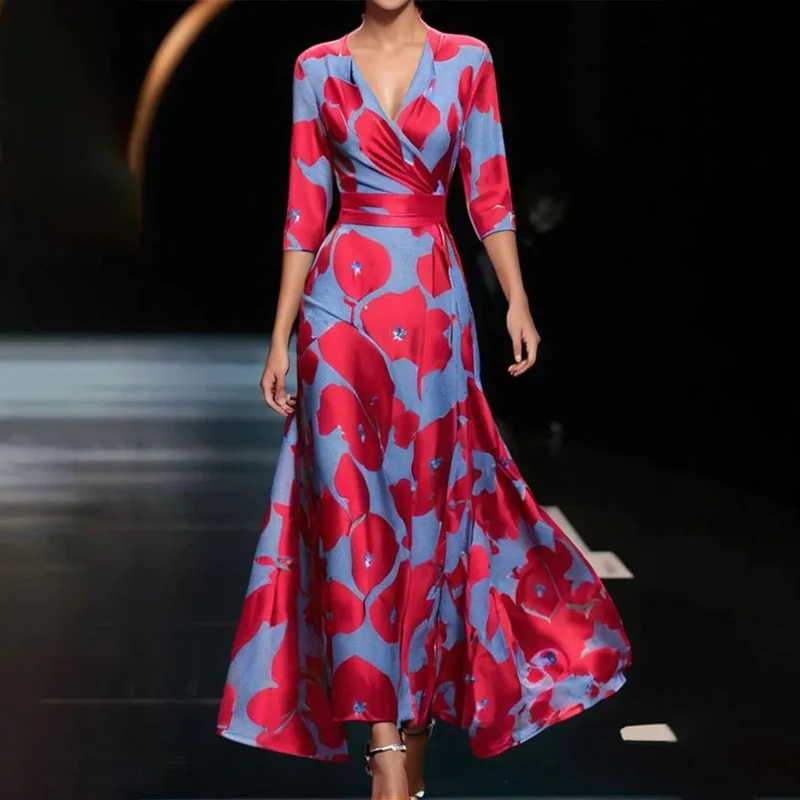 Damen Maxikleid mit floralem Design und schickem V-Ausschnitt