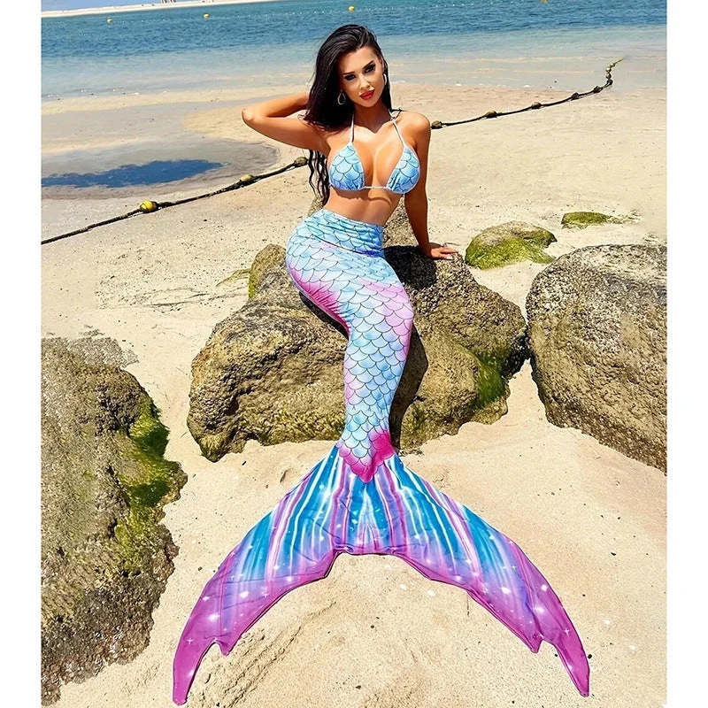 Damen Meerjungfrau Bikini-Set mit glänzenden Schuppen und tiefem Ausschnitt