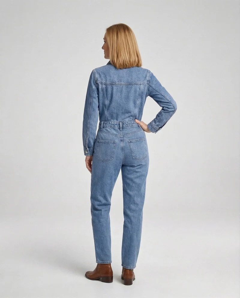 Damen Jeans Overall mit Hemdkragen & Gürtel Wide Leg