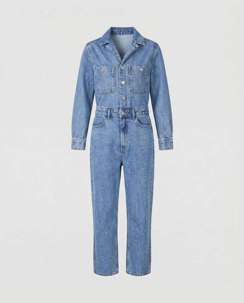 Damen Jeans Overall mit Hemdkragen & Gürtel Wide Leg