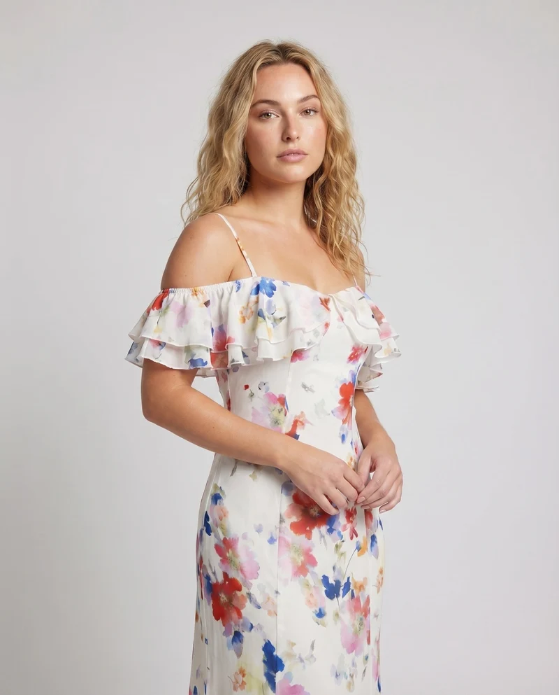 Damen Maxikleid Volantärmel Tailliertes Mieder Schulterfrei