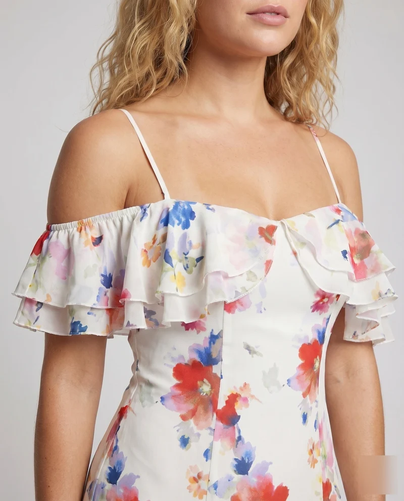 Damen Maxikleid Volantärmel Tailliertes Mieder Schulterfrei