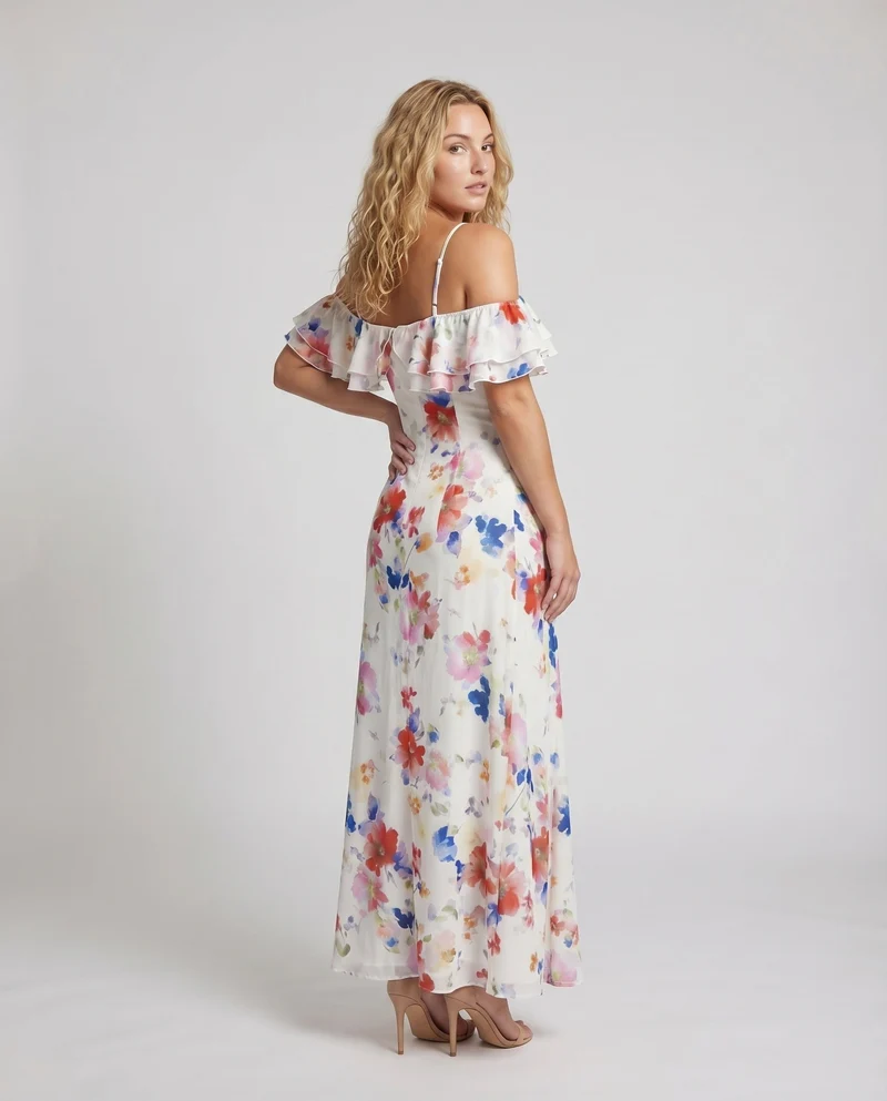 Damen Maxikleid Volantärmel Tailliertes Mieder Schulterfrei