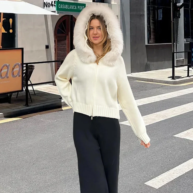 Damen Strickjacke mit Kunstfellkapuze Nord Taschen