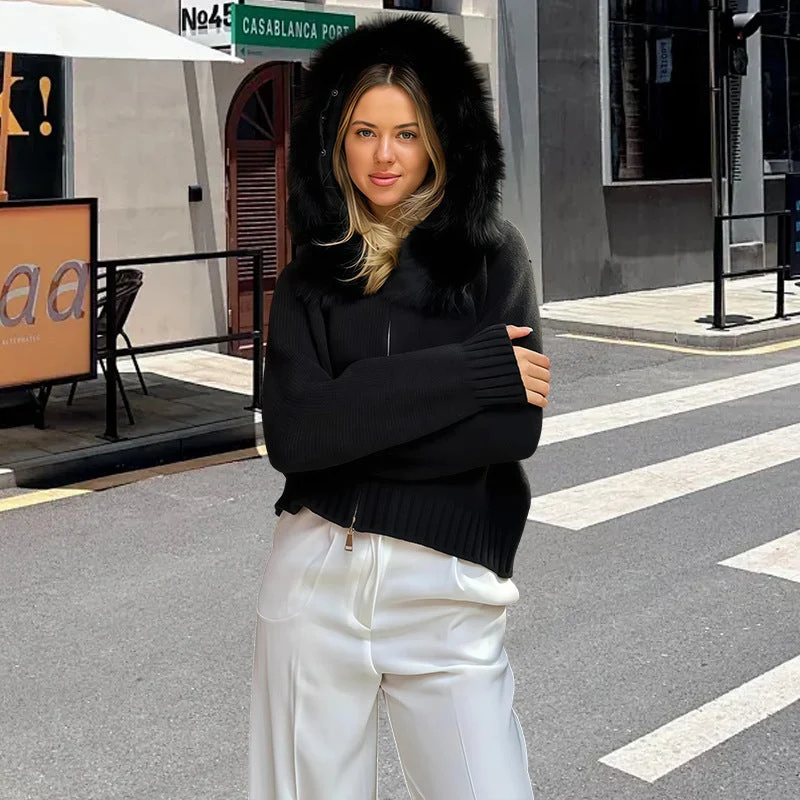 Damen Strickjacke mit Kunstfellkapuze Nord Taschen