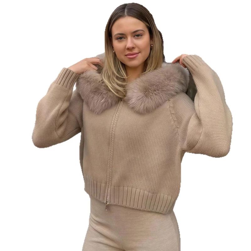 Damen Strickjacke mit Kunstfellkapuze Nord Taschen