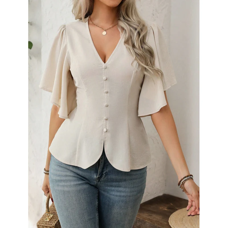 Damen Bluse mit fließenden Ärmeln und V-Ausschnitt