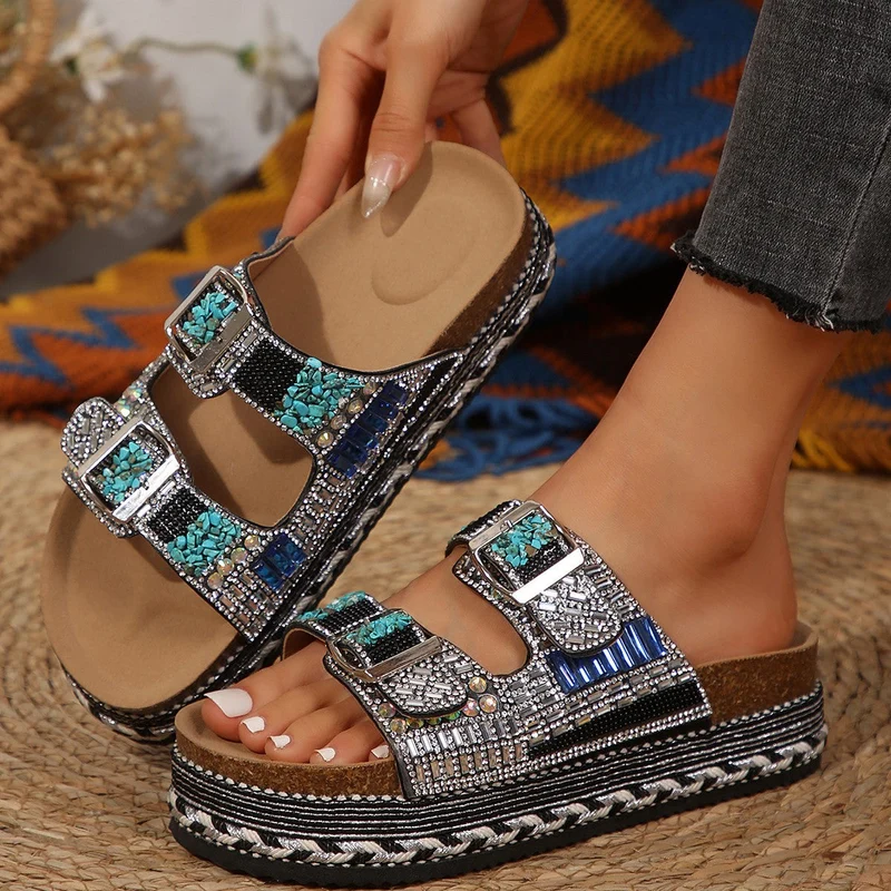 Damen Dekorative Zehentrenner-Sandalen mit breiten Riemen und funkelnden Akzenten