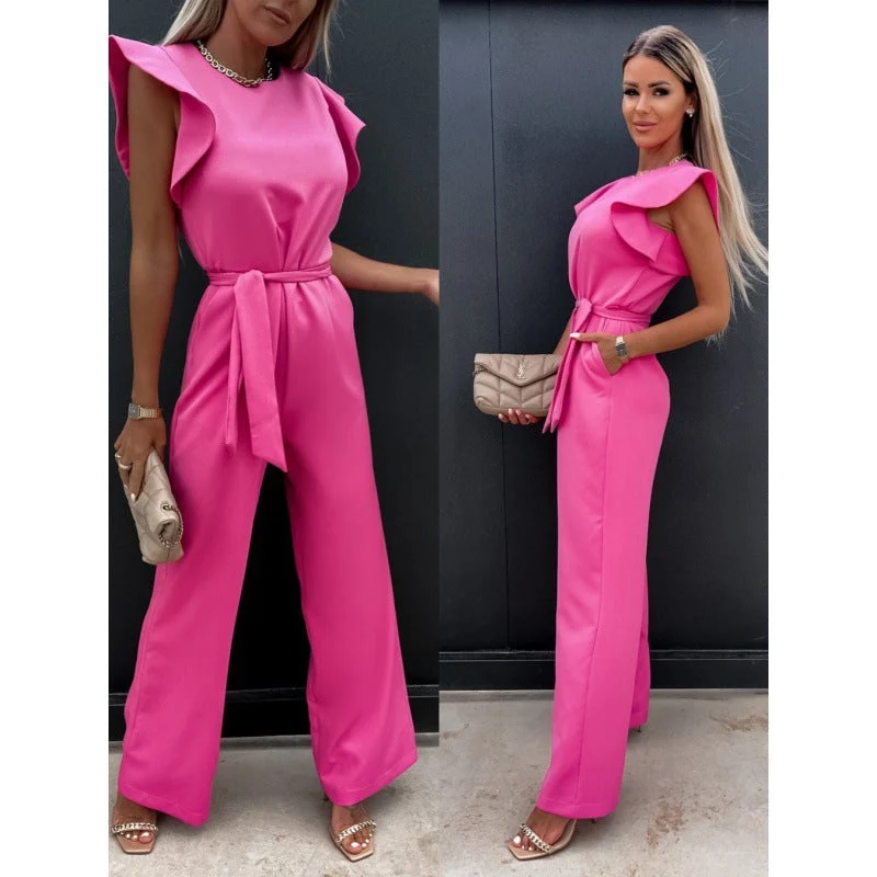 Frauen Fließender Weitbeiniger Jumpsuit mit Rüsche Ärmel