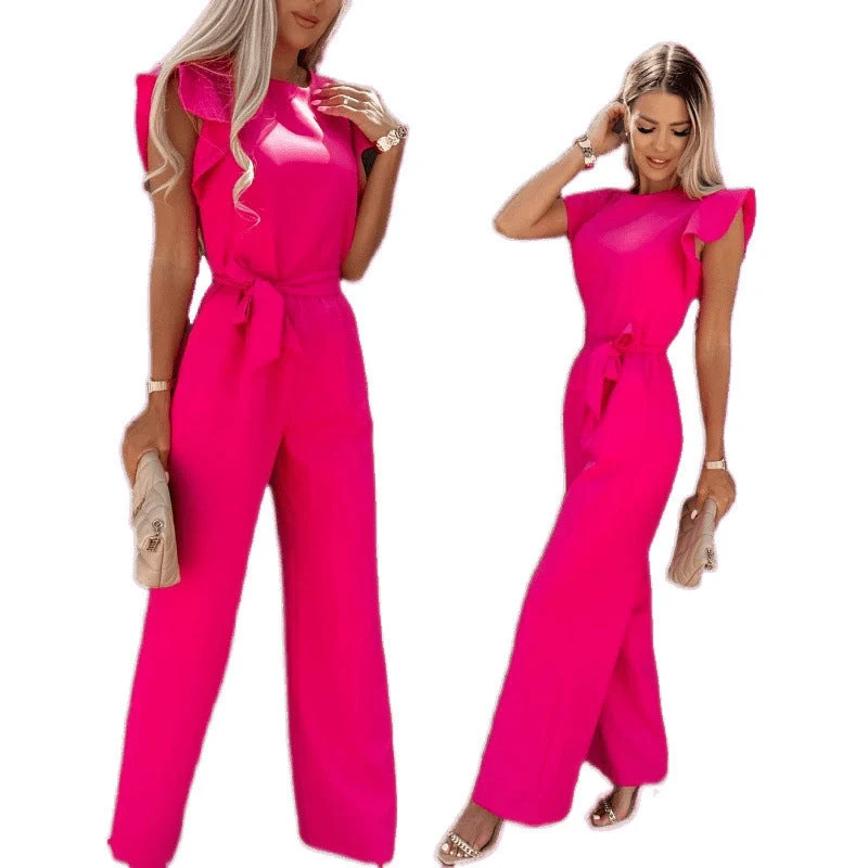 Frauen Fließender Weitbeiniger Jumpsuit mit Rüsche Ärmel