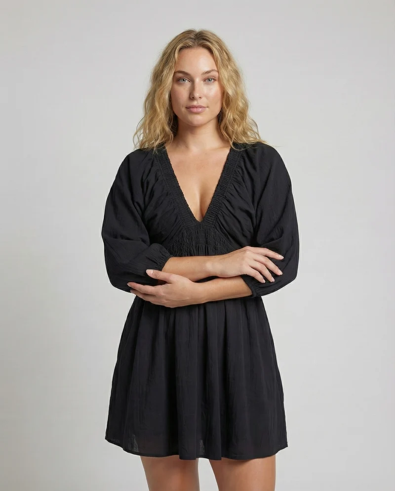 Damen luftiges Babydoll-Minikleid mit Ballonärmeln