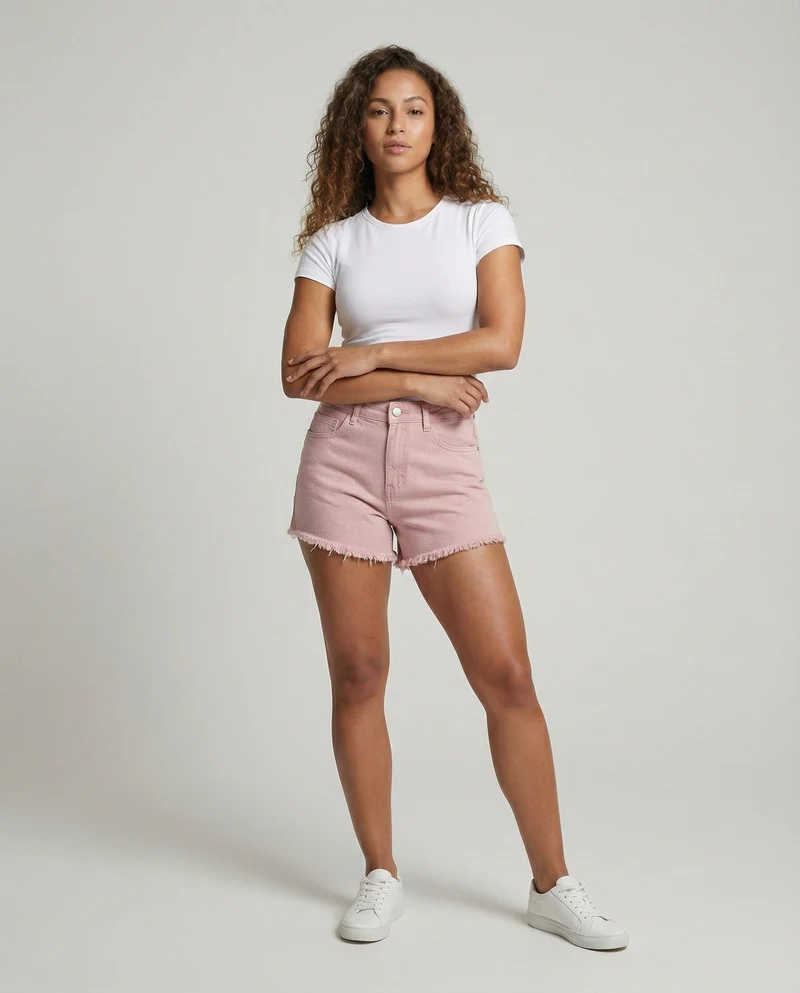 Damen nan hochgeschnittene Denim-Shorts mit ausgefranstem Doppelstufen-Saum und taillenbetonter Passform