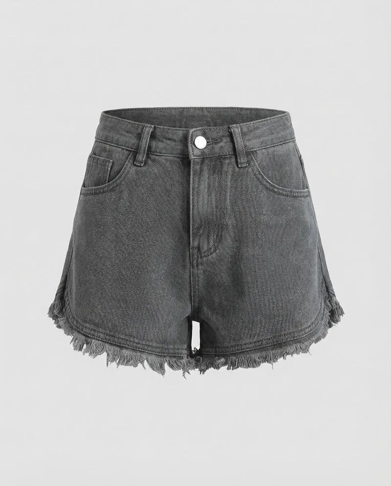 Damen nan hochgeschnittene Denim-Shorts mit ausgefranstem Doppelstufen-Saum und taillenbetonter Passform