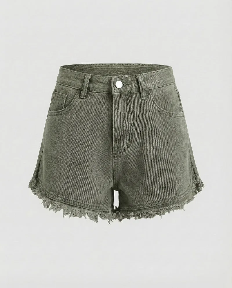 Damen nan hochgeschnittene Denim-Shorts mit ausgefranstem Doppelstufen-Saum und taillenbetonter Passform