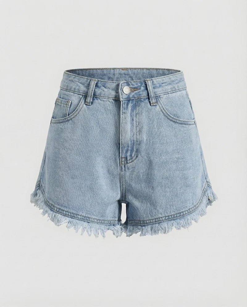 Damen nan hochgeschnittene Denim-Shorts mit ausgefranstem Doppelstufen-Saum und taillenbetonter Passform