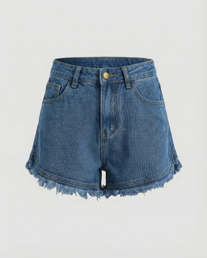 Damen nan hochgeschnittene Denim-Shorts mit ausgefranstem Doppelstufen-Saum und taillenbetonter Passform
